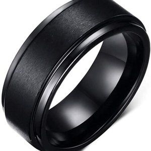 TUNGSTEN CARBIDE 8MM BLACK HIGH POLISH SATIN MEN FANCY WEDDING BAND RING SIZE 11